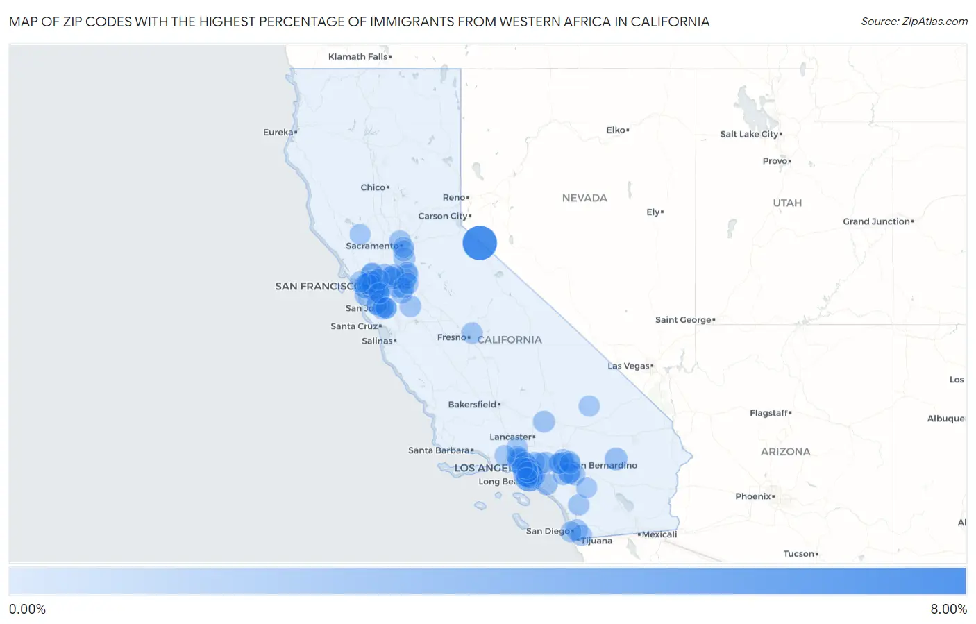 Zip Codes with the Highest Percentage of Immigrants from Western Africa in California Map