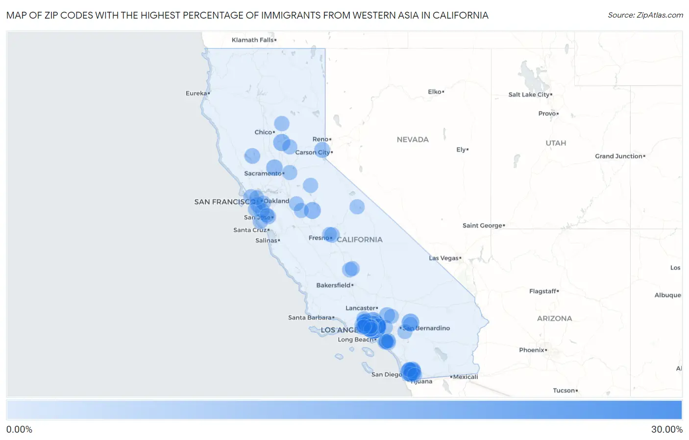 Zip Codes with the Highest Percentage of Immigrants from Western Asia in California Map