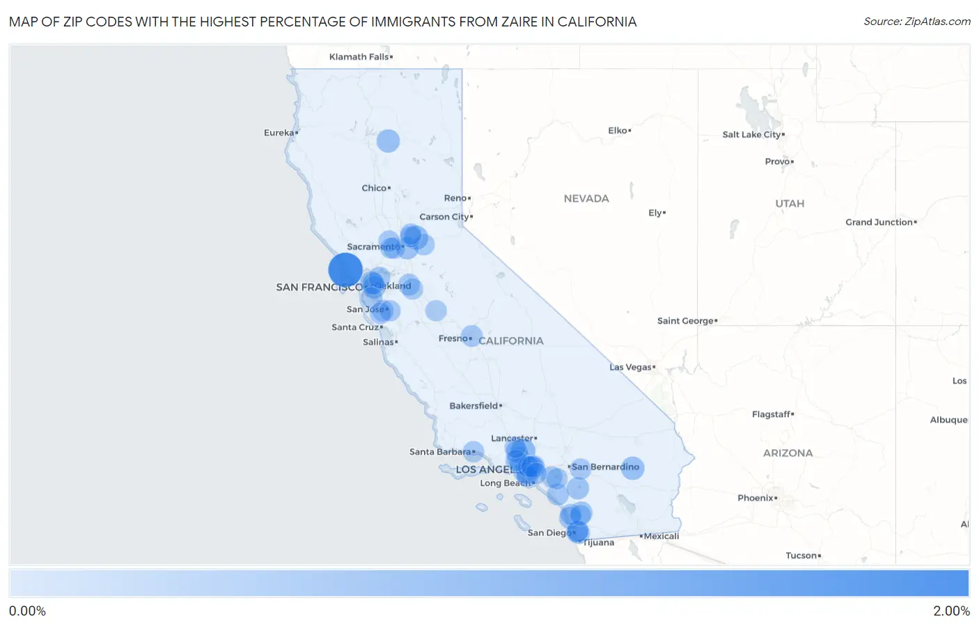 Zip Codes with the Highest Percentage of Immigrants from Zaire in California Map