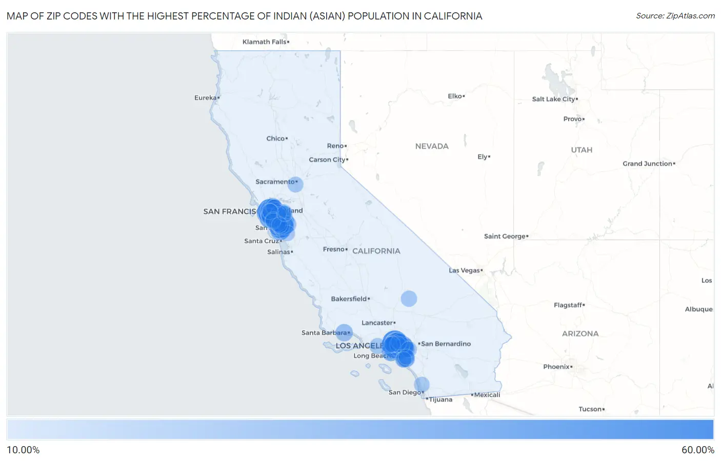 Zip Codes with the Highest Percentage of Indian (Asian) Population in California Map