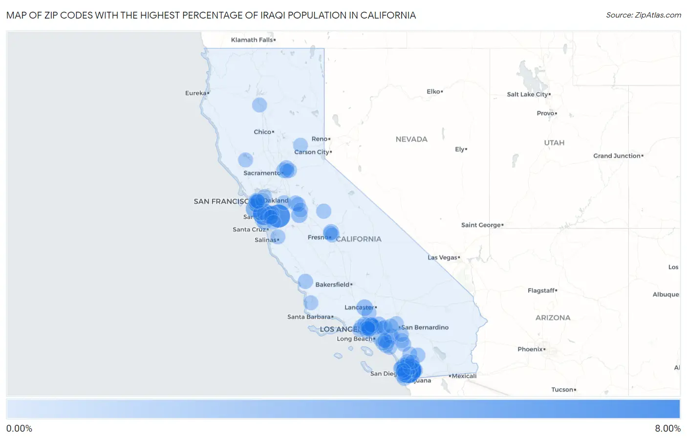 Zip Codes with the Highest Percentage of Iraqi Population in California Map