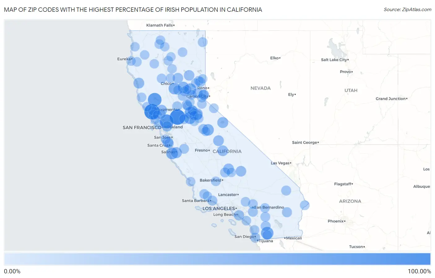 Zip Codes with the Highest Percentage of Irish Population in California Map