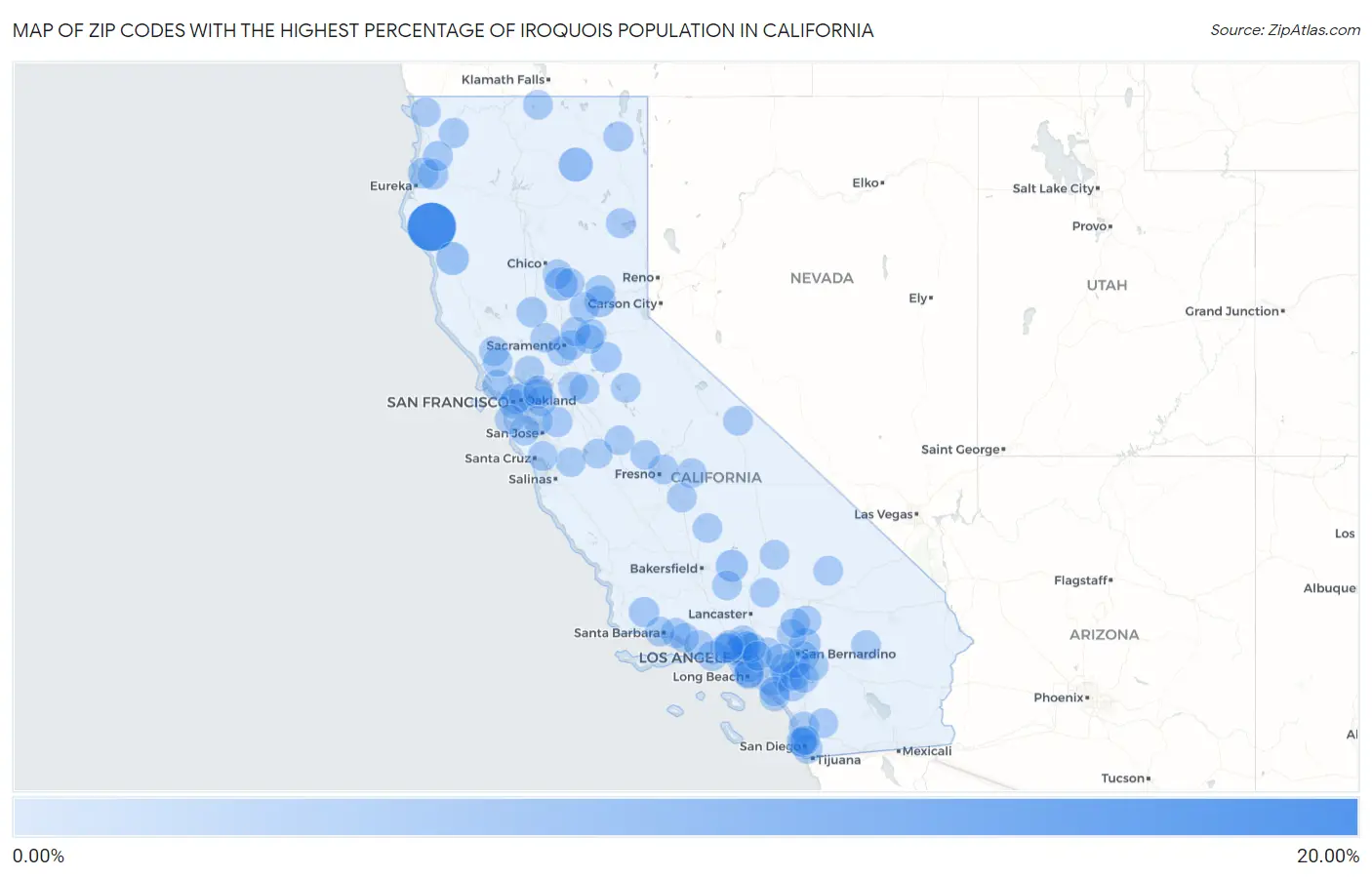 Zip Codes with the Highest Percentage of Iroquois Population in California Map