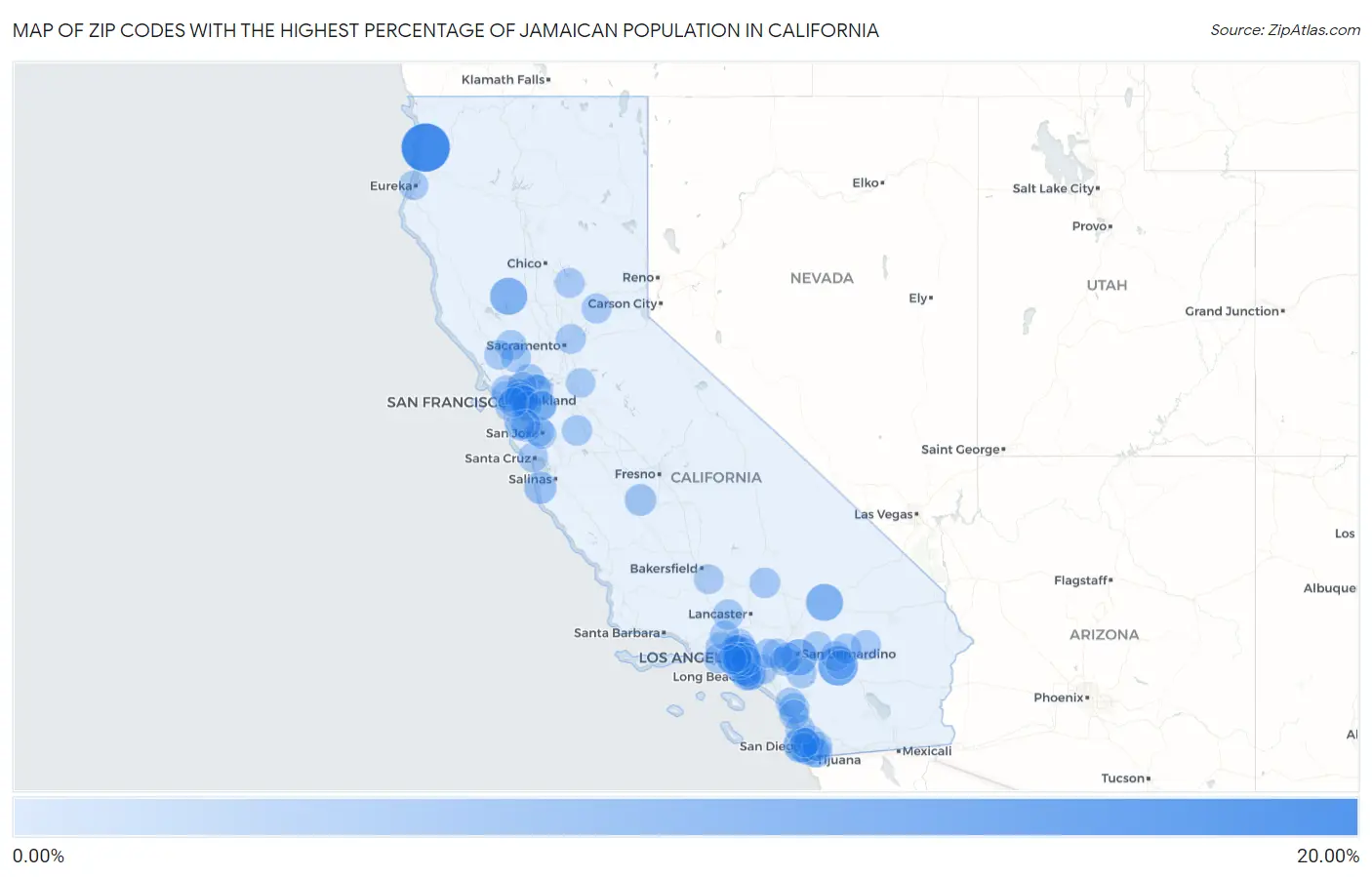 Zip Codes with the Highest Percentage of Jamaican Population in California Map