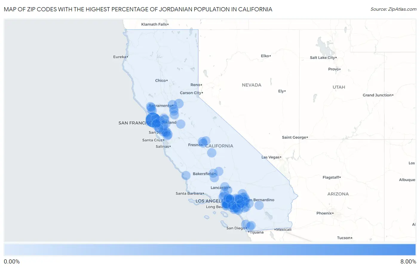 Zip Codes with the Highest Percentage of Jordanian Population in California Map