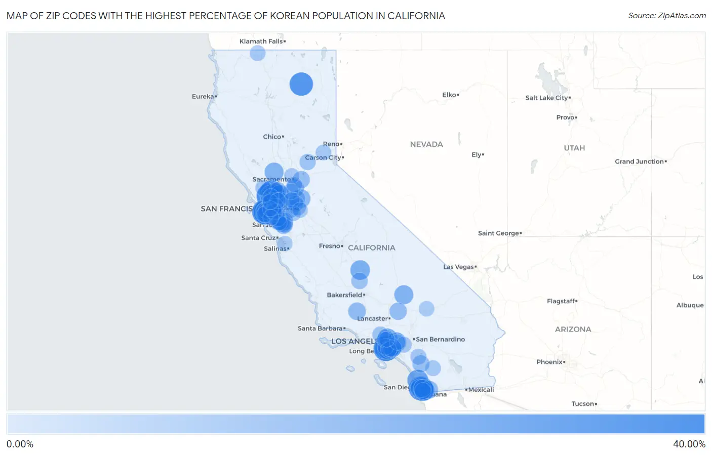 Zip Codes with the Highest Percentage of Korean Population in California Map