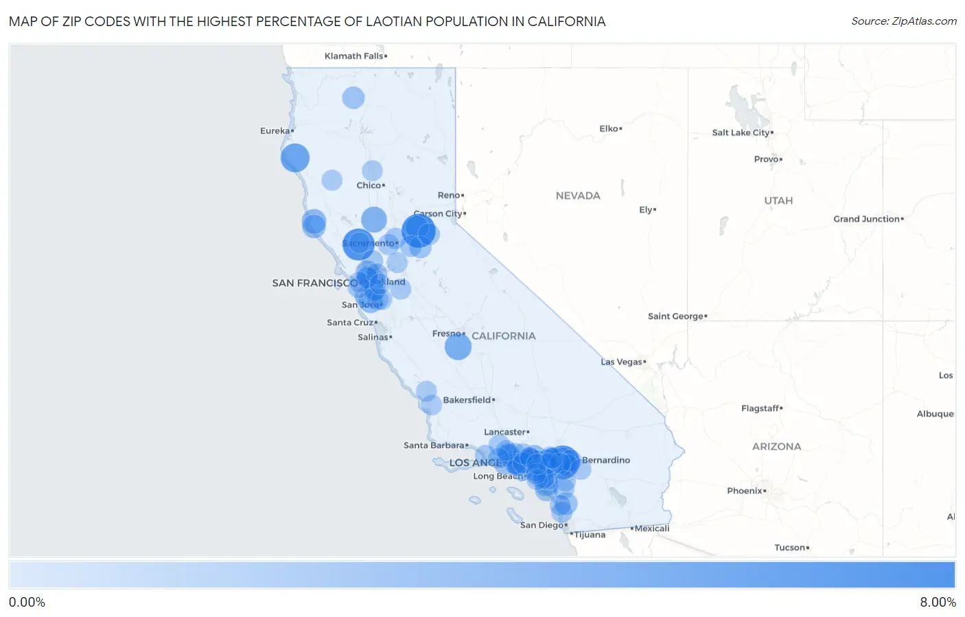 Zip Codes with the Highest Percentage of Laotian Population in California Map