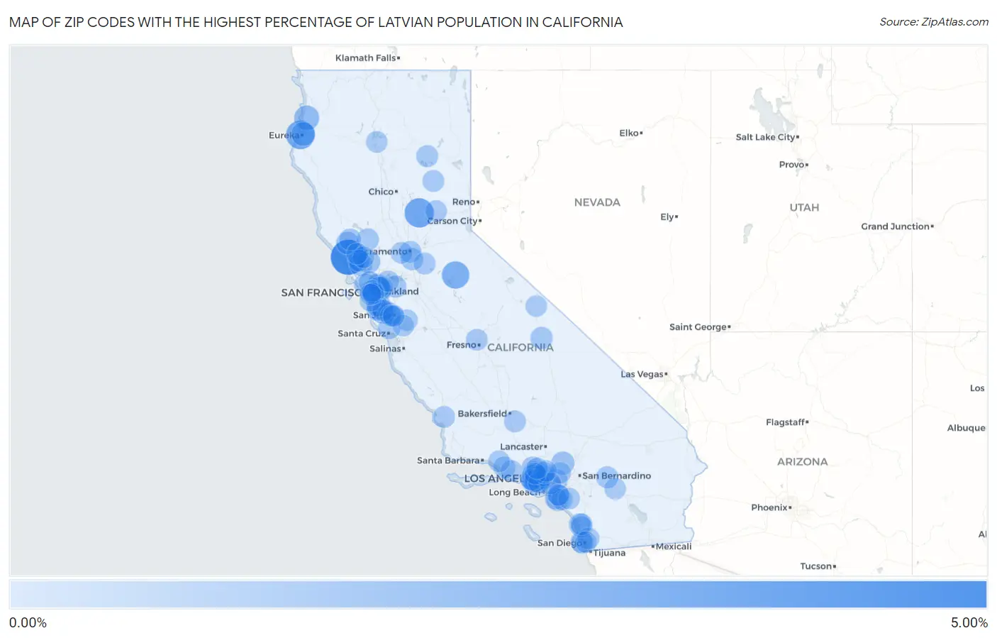 Zip Codes with the Highest Percentage of Latvian Population in California Map