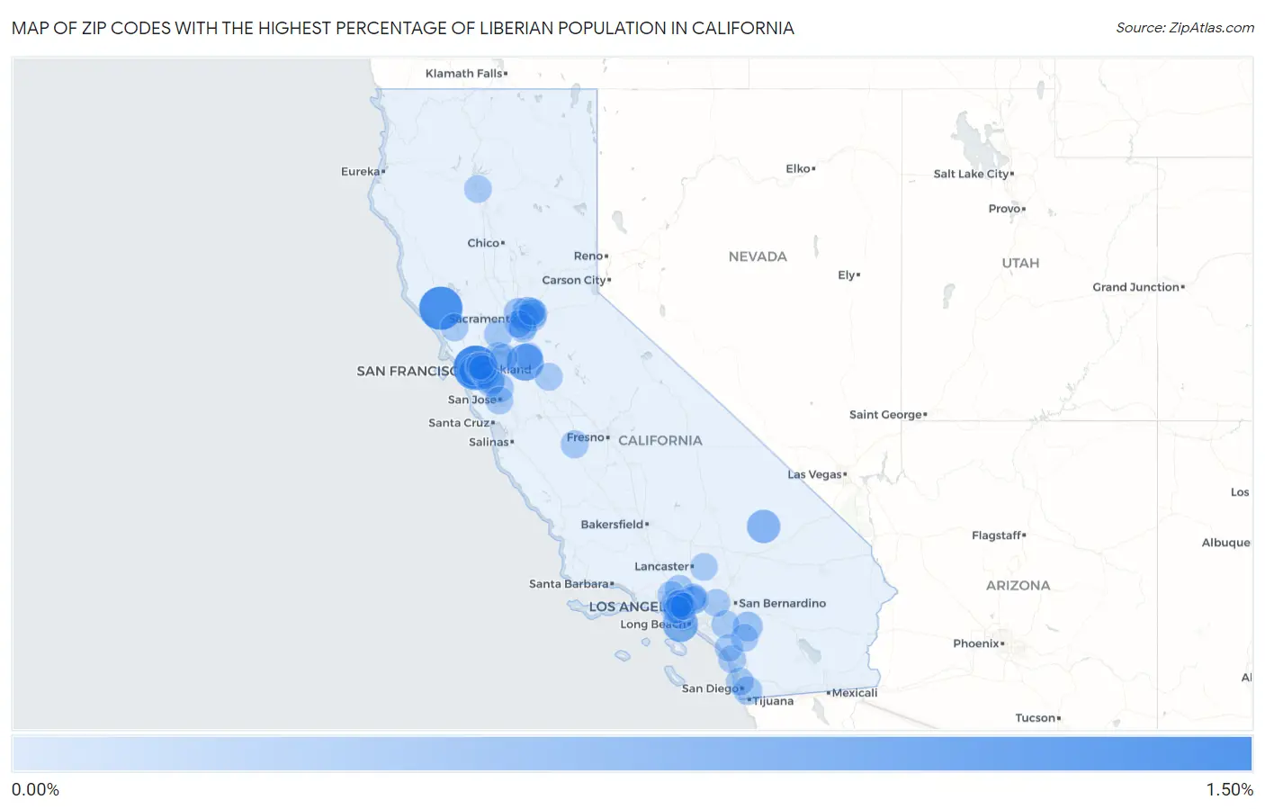 Zip Codes with the Highest Percentage of Liberian Population in California Map