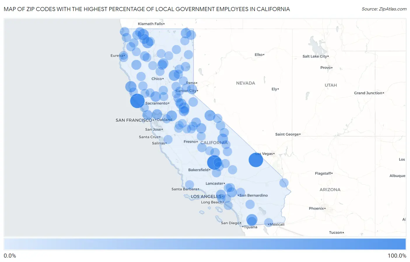 Zip Codes with the Highest Percentage of Local Government Employees in California Map