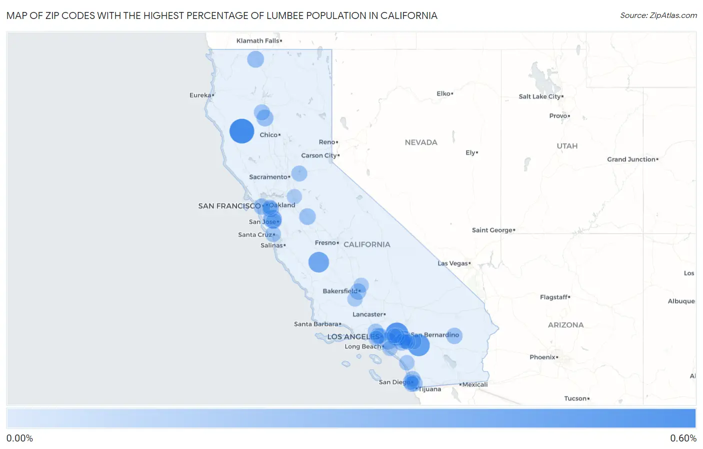 Zip Codes with the Highest Percentage of Lumbee Population in California Map
