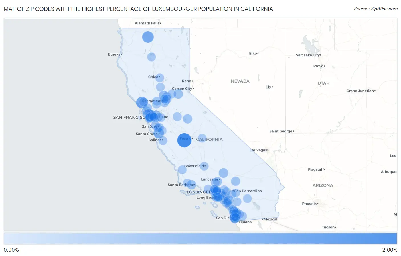 Zip Codes with the Highest Percentage of Luxembourger Population in California Map