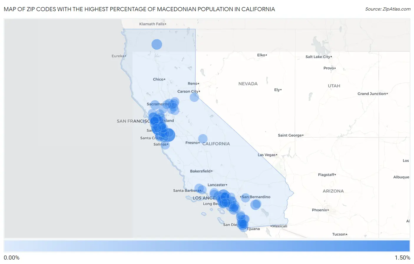 Zip Codes with the Highest Percentage of Macedonian Population in California Map