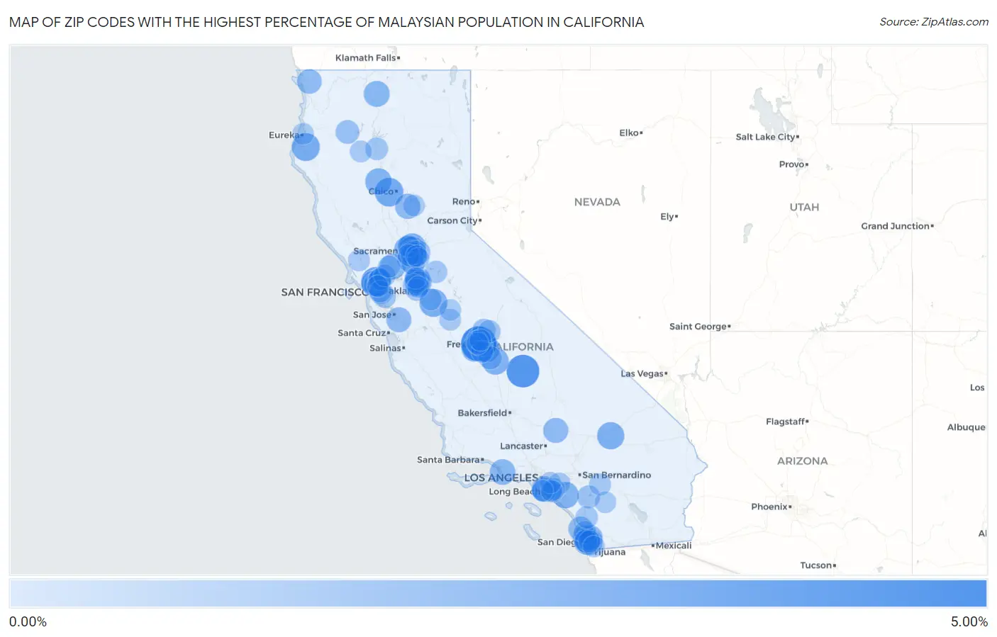 Zip Codes with the Highest Percentage of Malaysian Population in California Map
