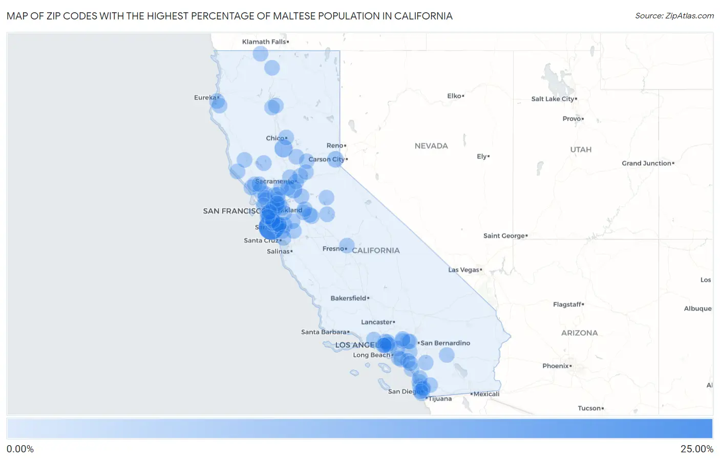Zip Codes with the Highest Percentage of Maltese Population in California Map