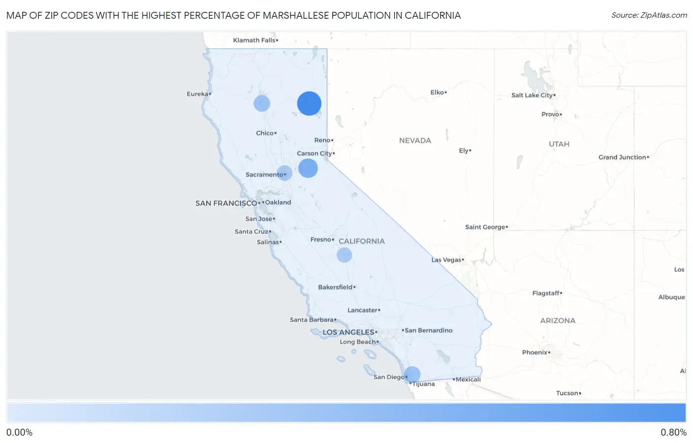 Zip Codes with the Highest Percentage of Marshallese Population in California Map