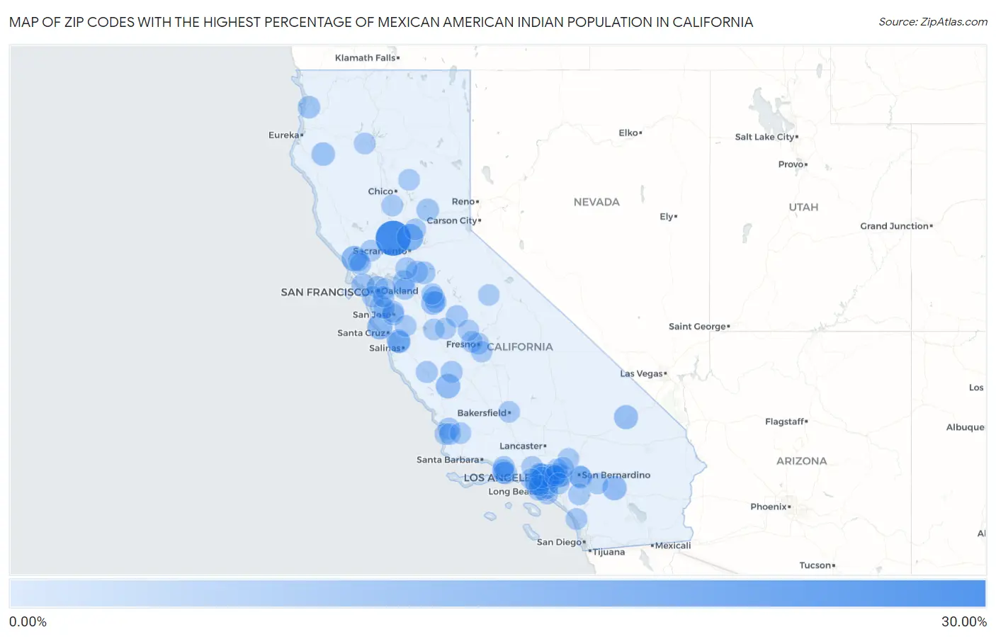 Zip Codes with the Highest Percentage of Mexican American Indian Population in California Map