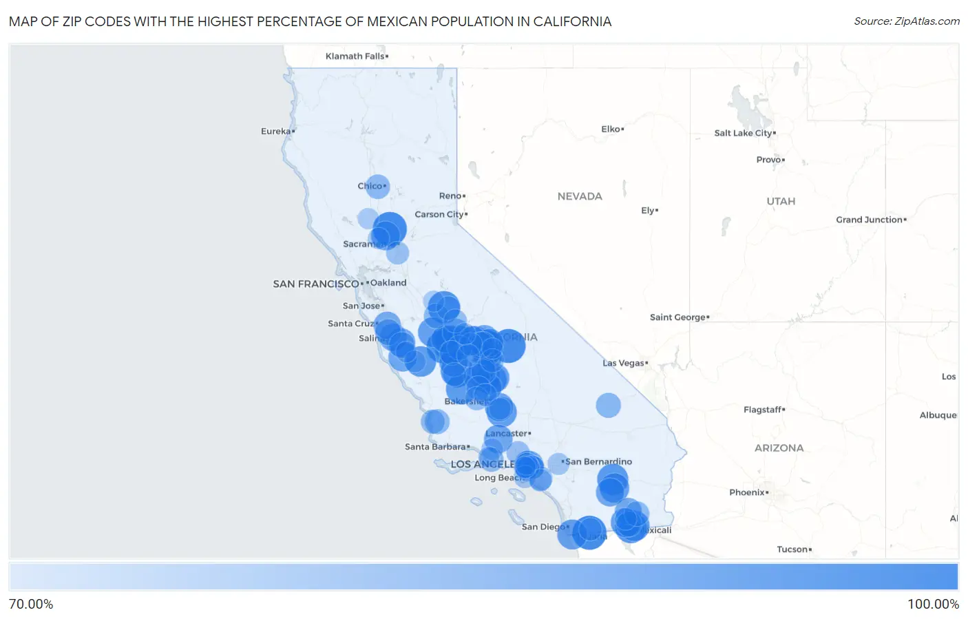 Zip Codes with the Highest Percentage of Mexican Population in California Map