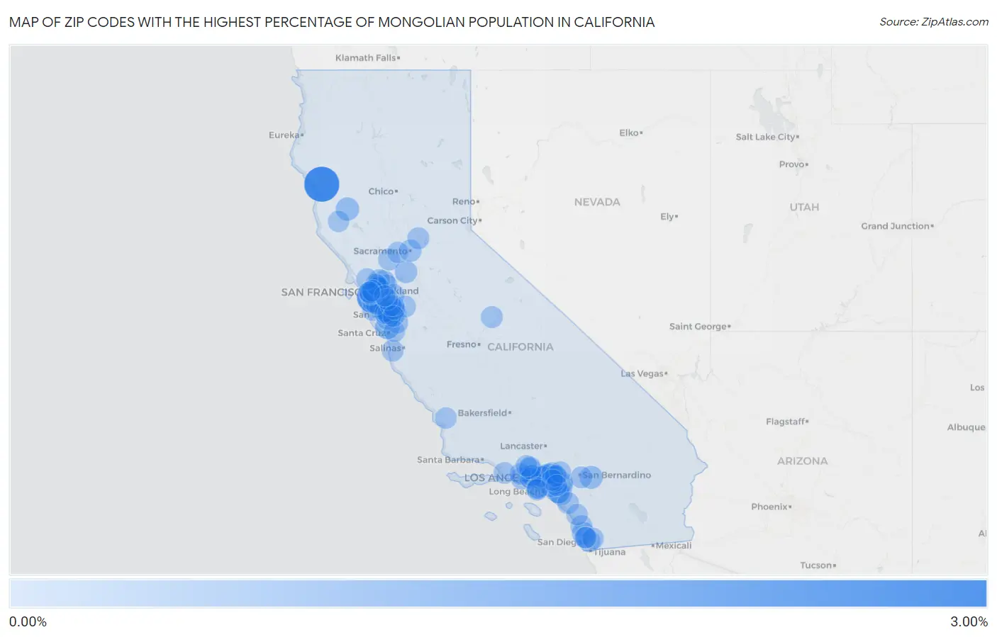 Zip Codes with the Highest Percentage of Mongolian Population in California Map