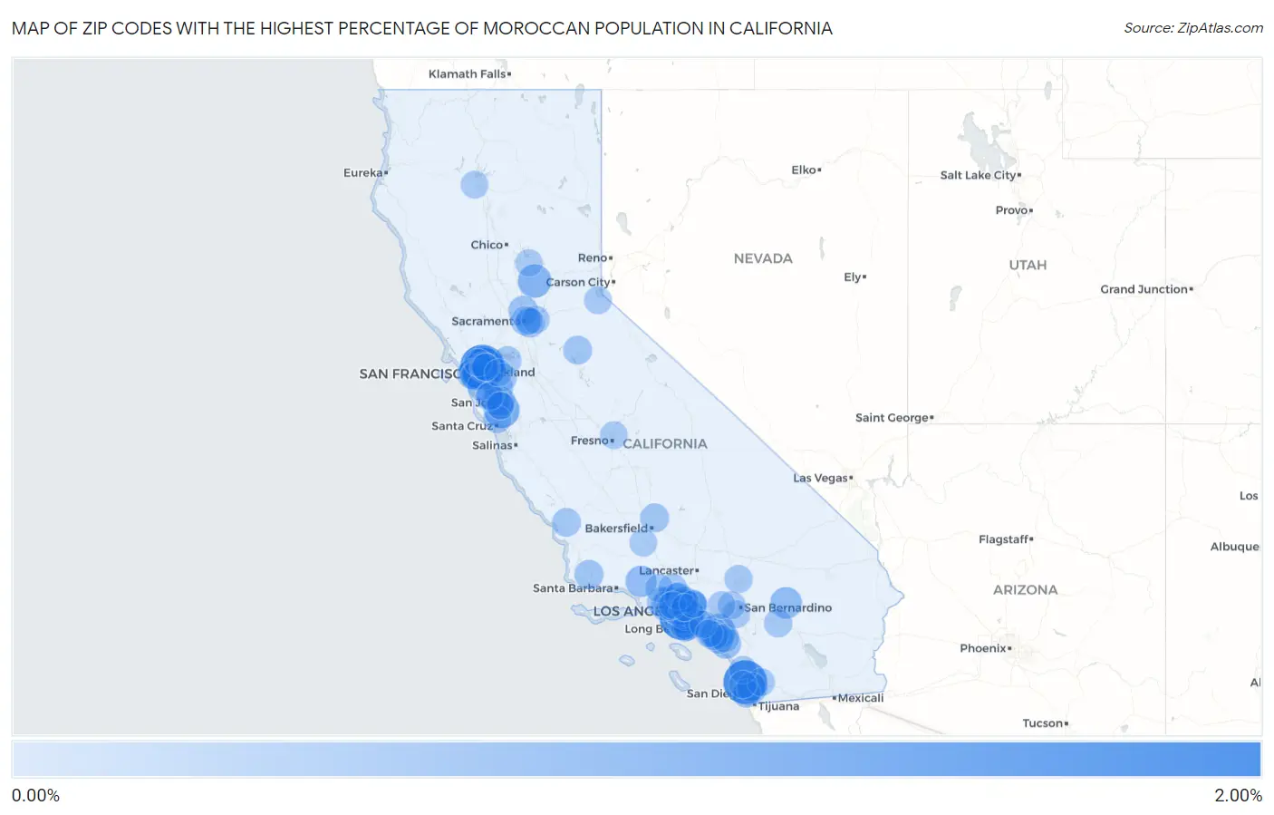 Zip Codes with the Highest Percentage of Moroccan Population in California Map