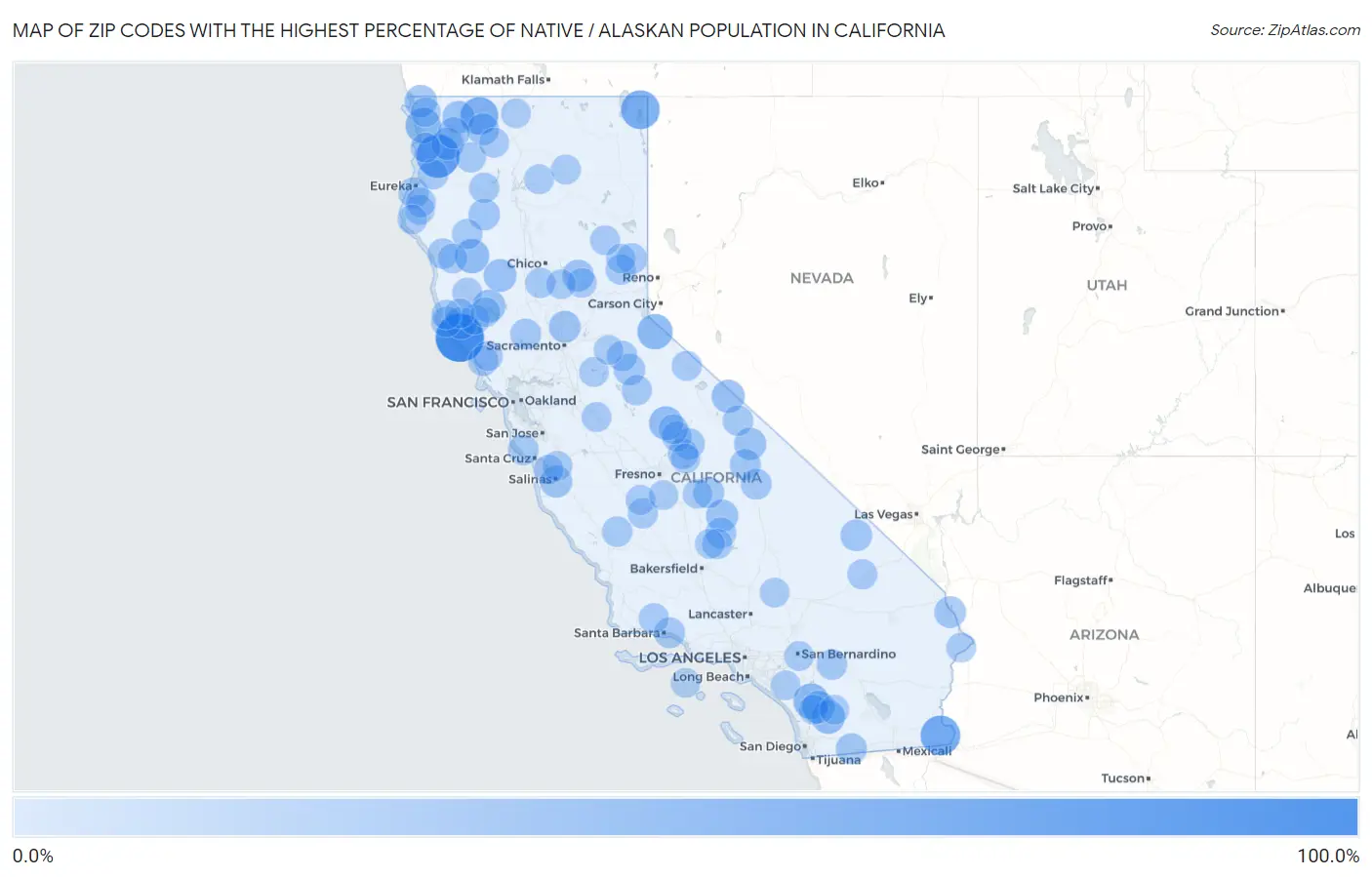 Zip Codes with the Highest Percentage of Native / Alaskan Population in California Map