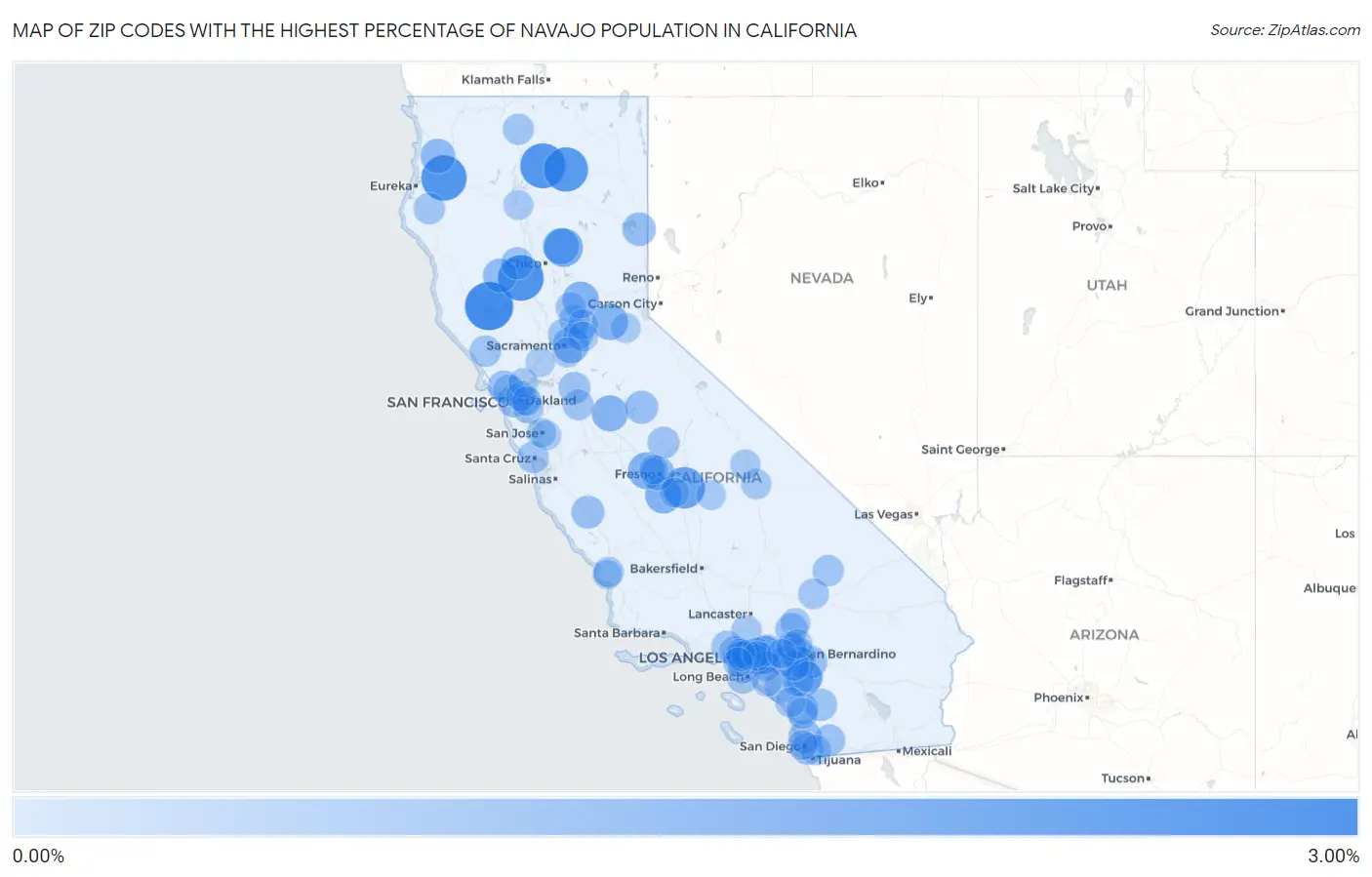 Zip Codes with the Highest Percentage of Navajo Population in California Map