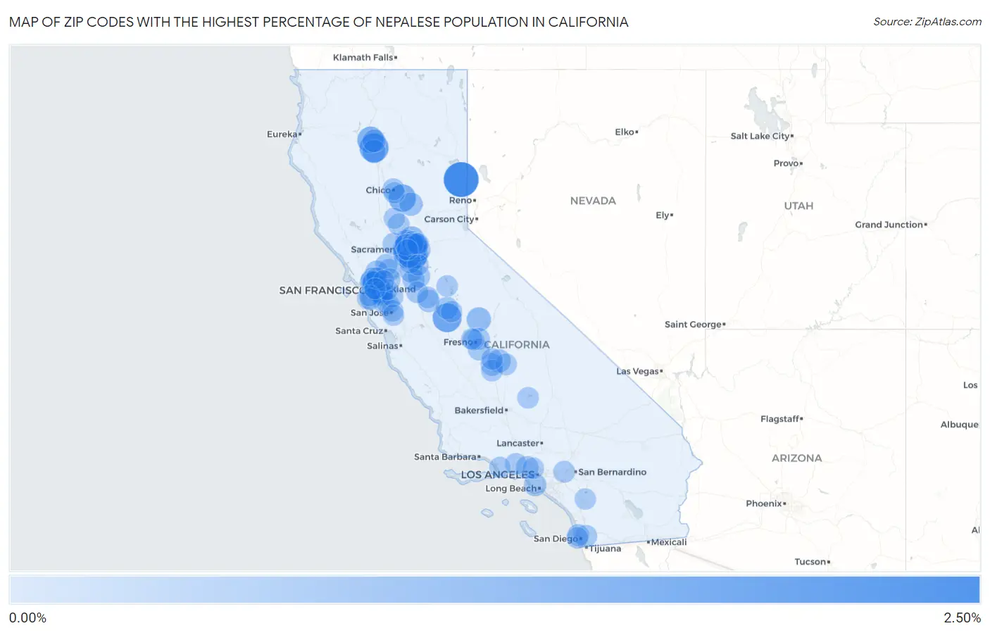 Zip Codes with the Highest Percentage of Nepalese Population in California Map