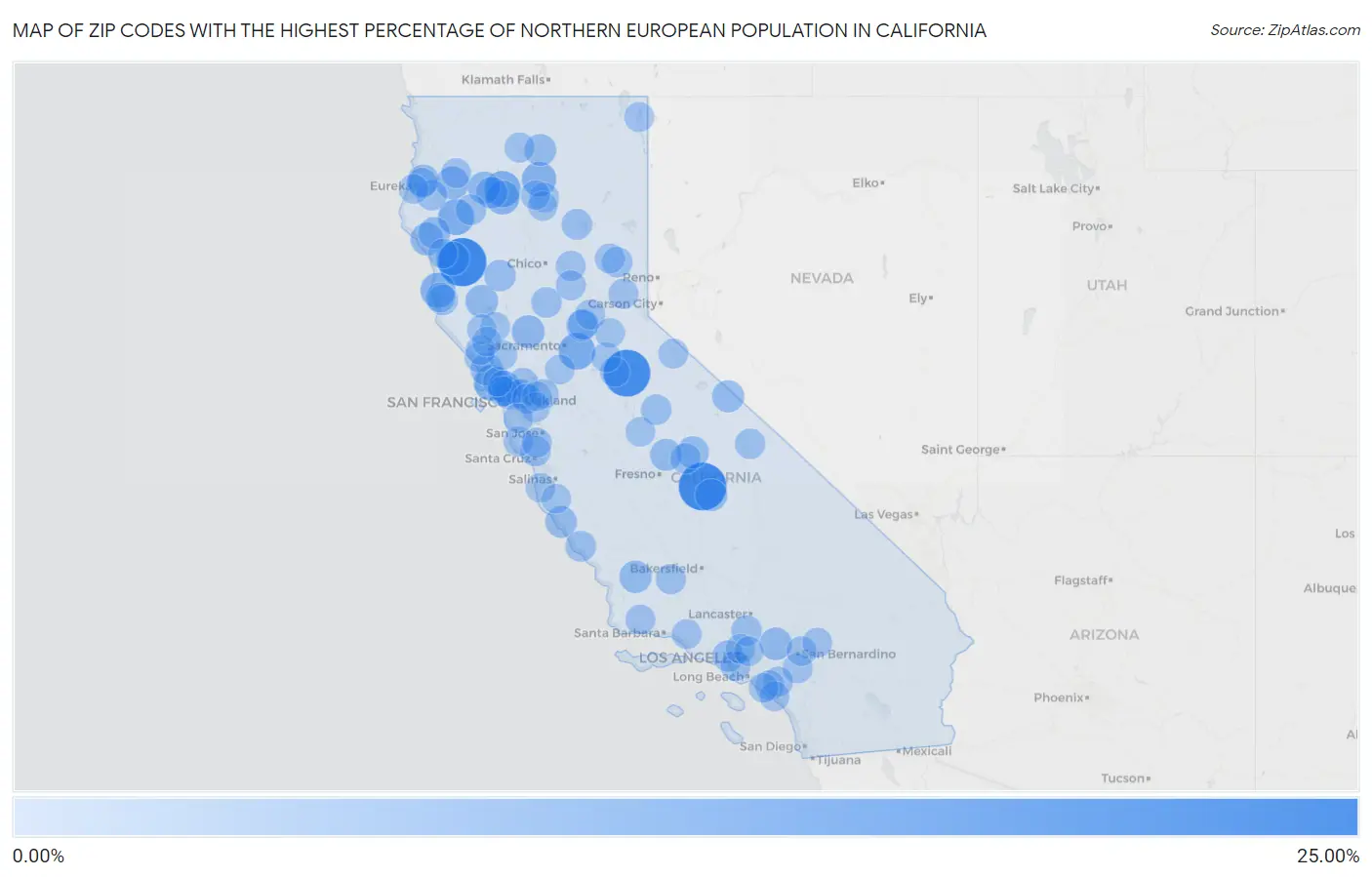 Zip Codes with the Highest Percentage of Northern European Population in California Map