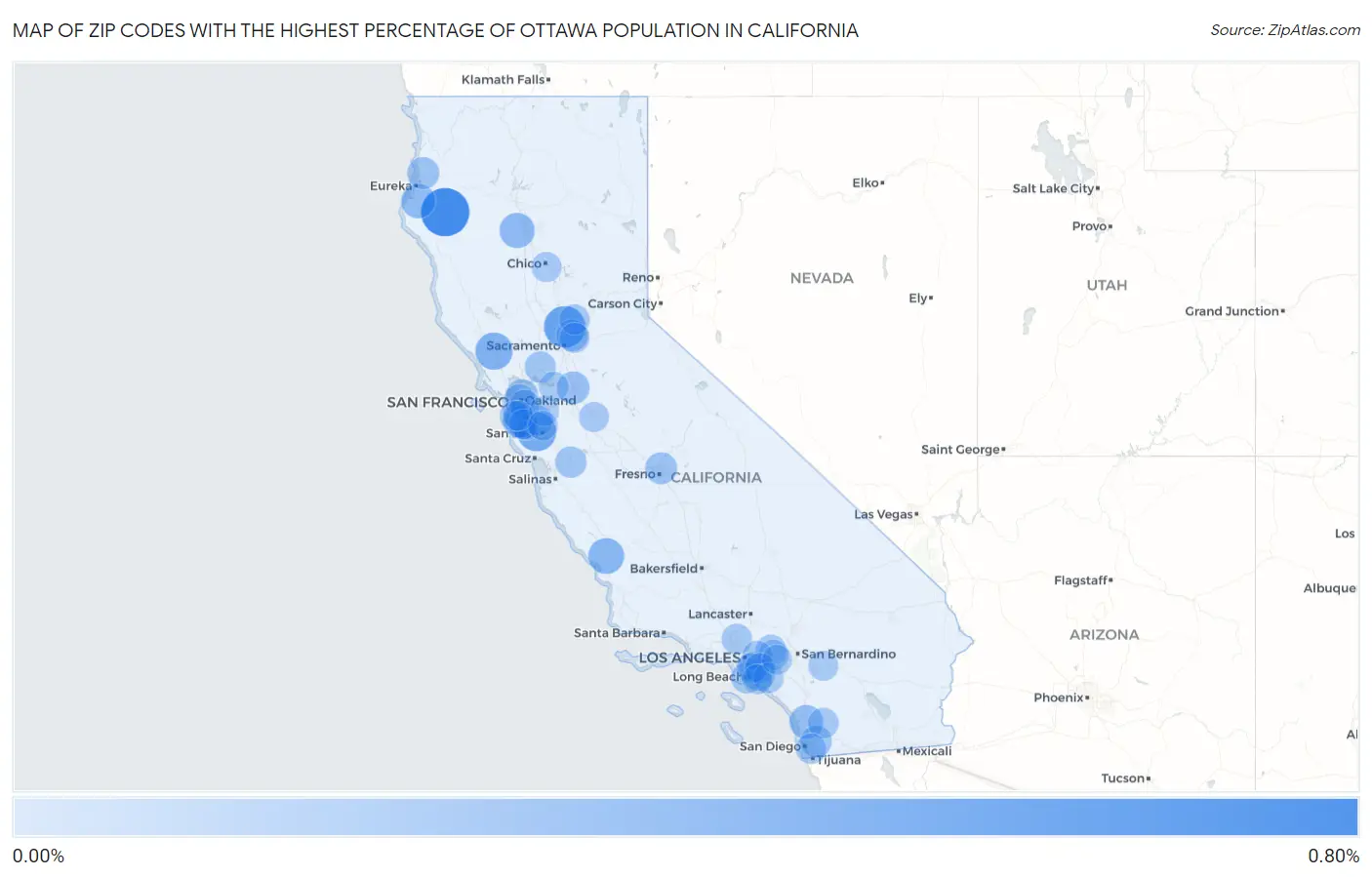 Zip Codes with the Highest Percentage of Ottawa Population in California Map