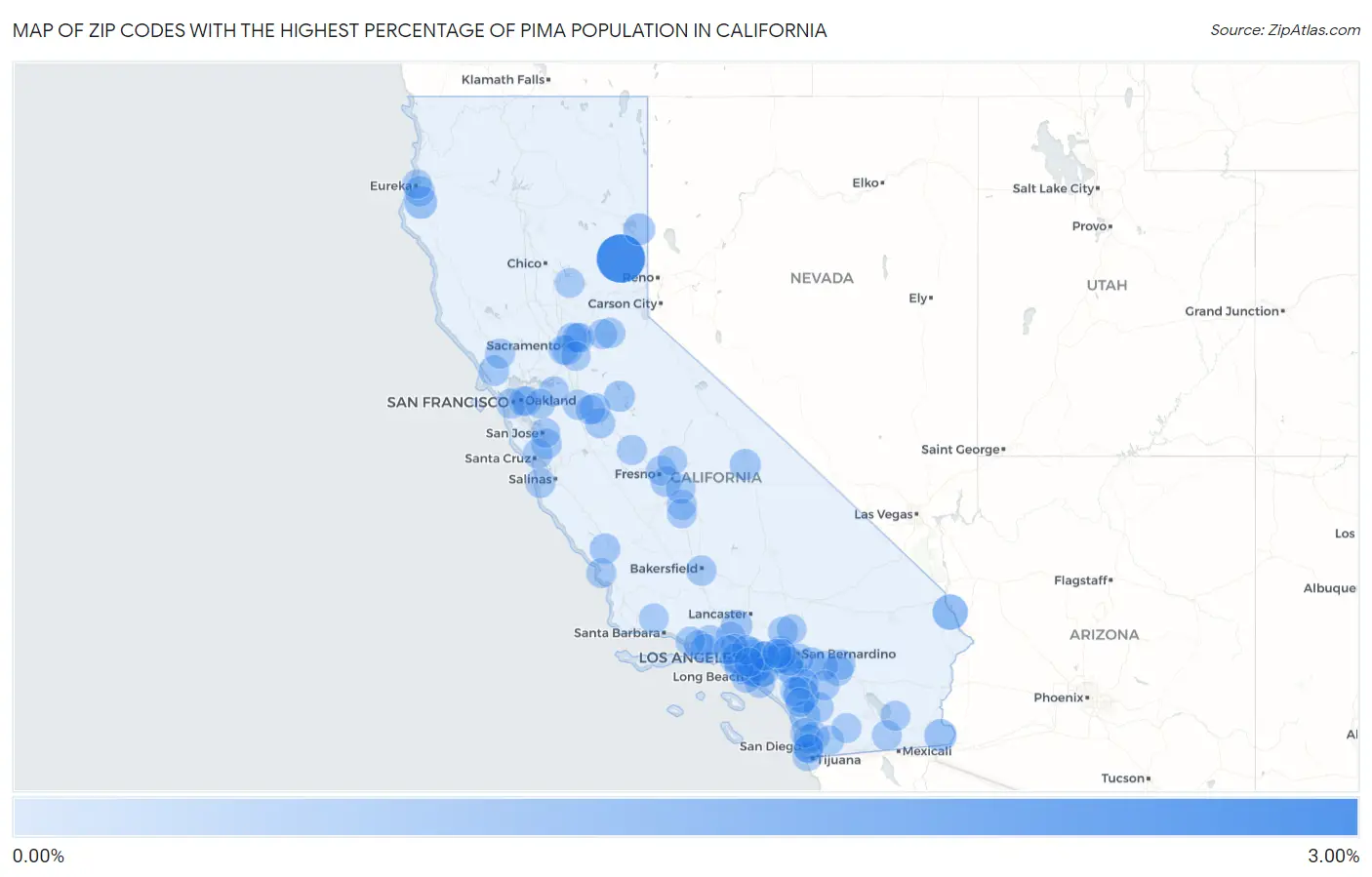 Zip Codes with the Highest Percentage of Pima Population in California Map