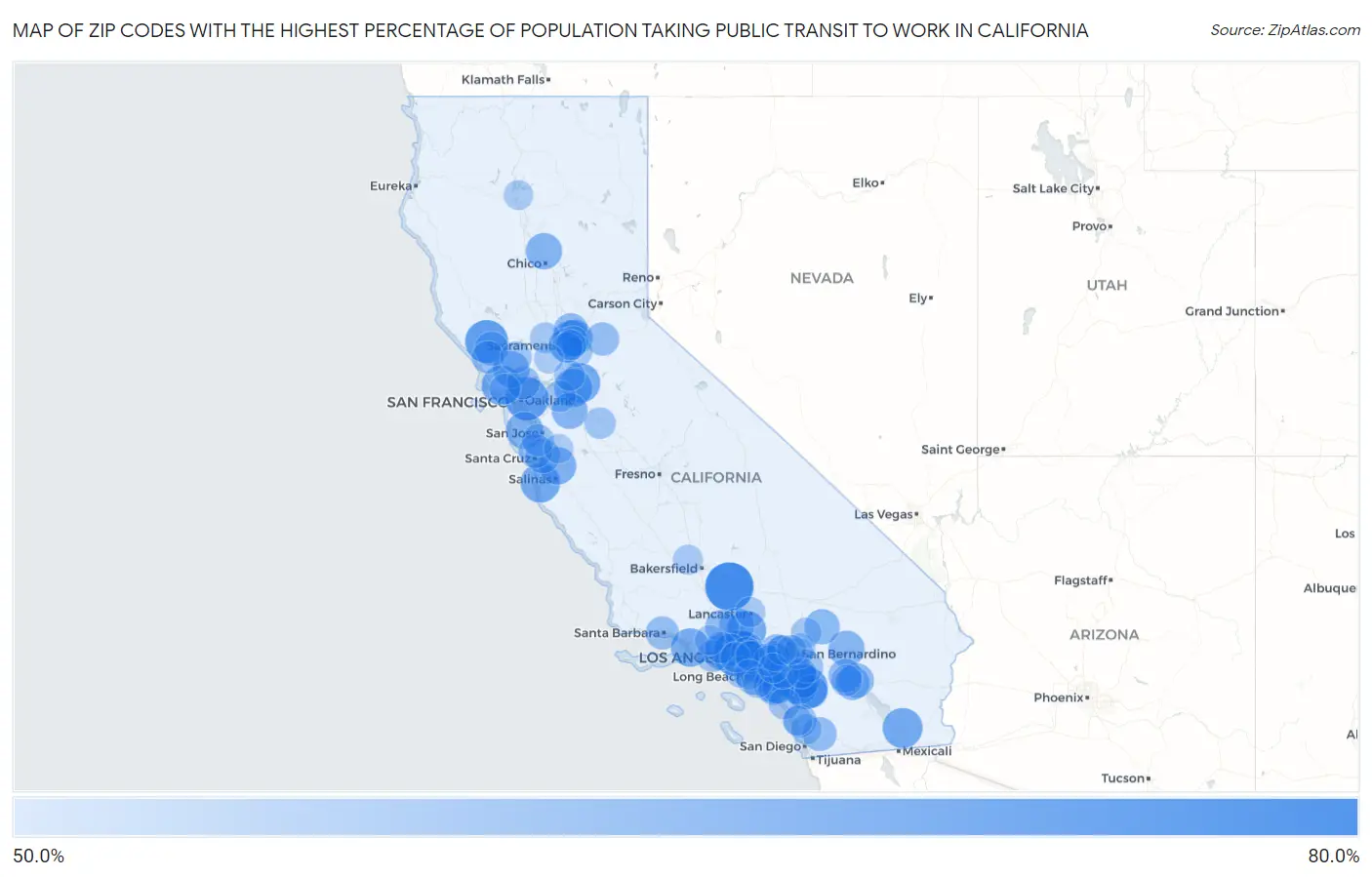 Zip Codes with the Highest Percentage of Population Taking Public Transit to Work in California Map