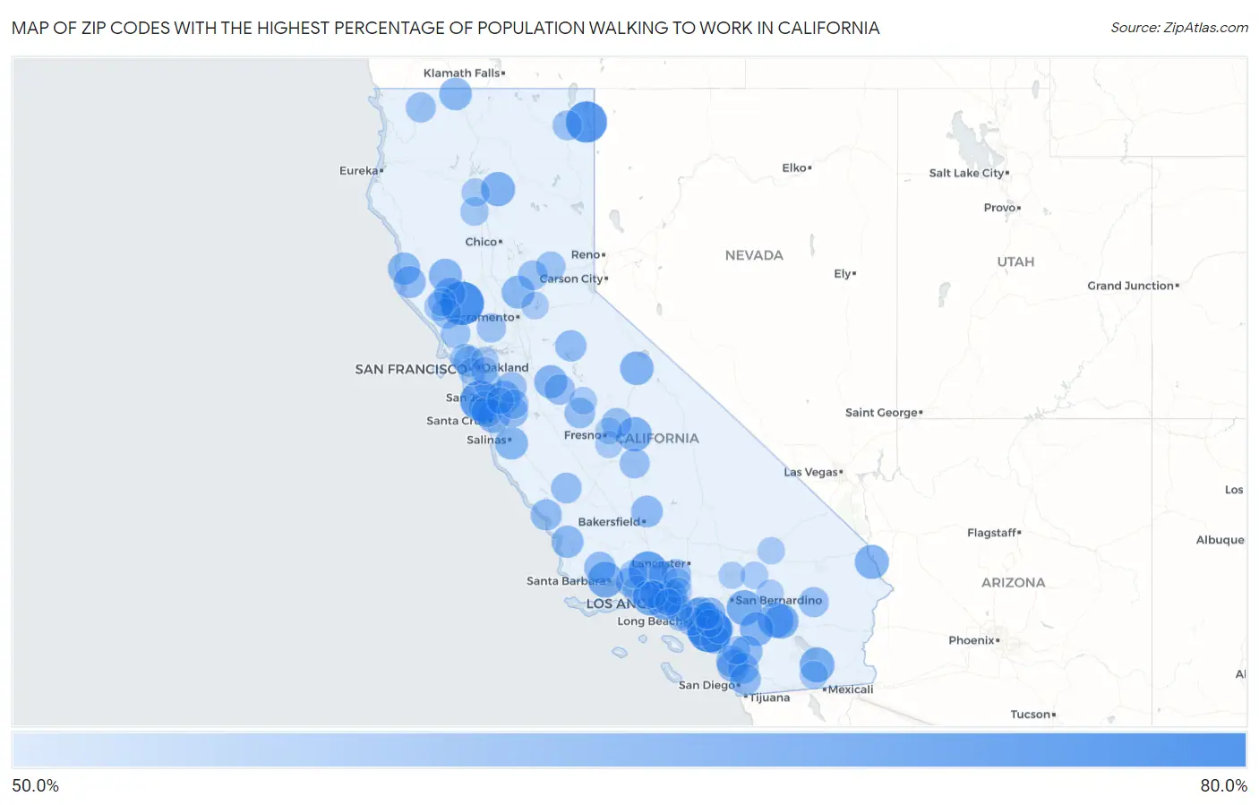 Zip Codes with the Highest Percentage of Population Walking to Work in California Map