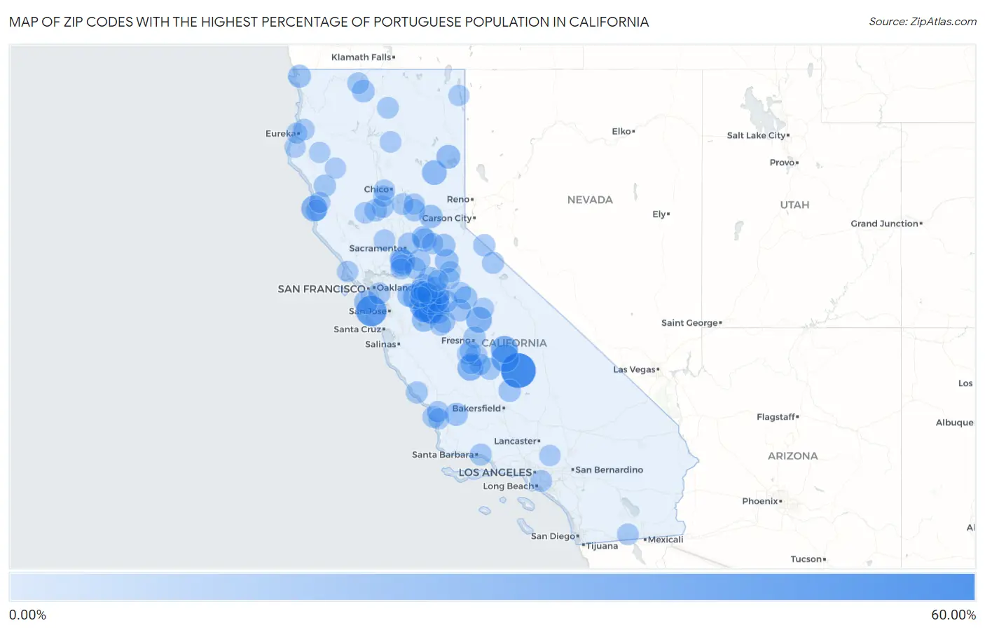 Zip Codes with the Highest Percentage of Portuguese Population in California Map