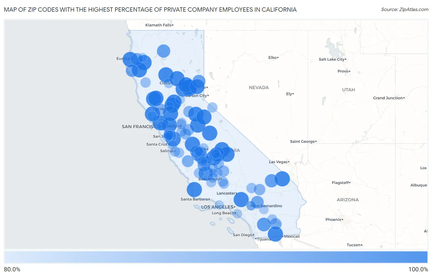 Zip Codes with the Highest Percentage of Private Company Employees in California Map