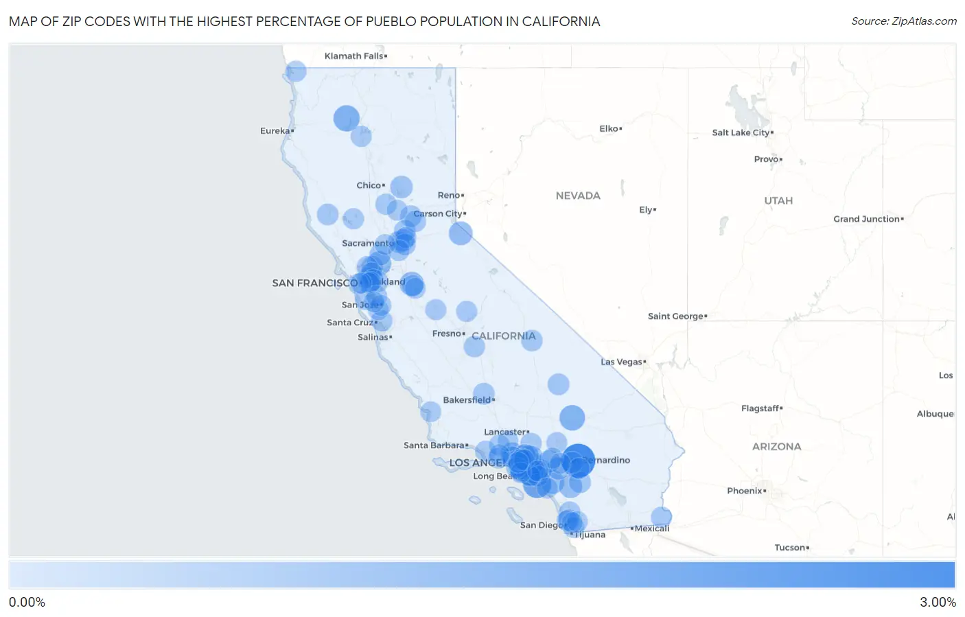 Zip Codes with the Highest Percentage of Pueblo Population in California Map