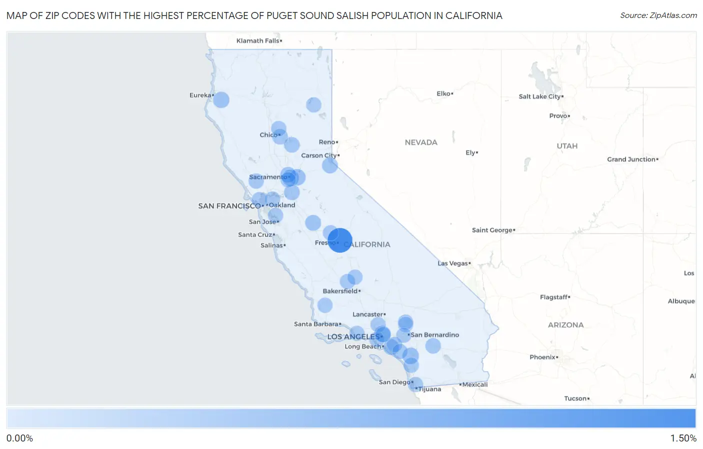 Zip Codes with the Highest Percentage of Puget Sound Salish Population in California Map