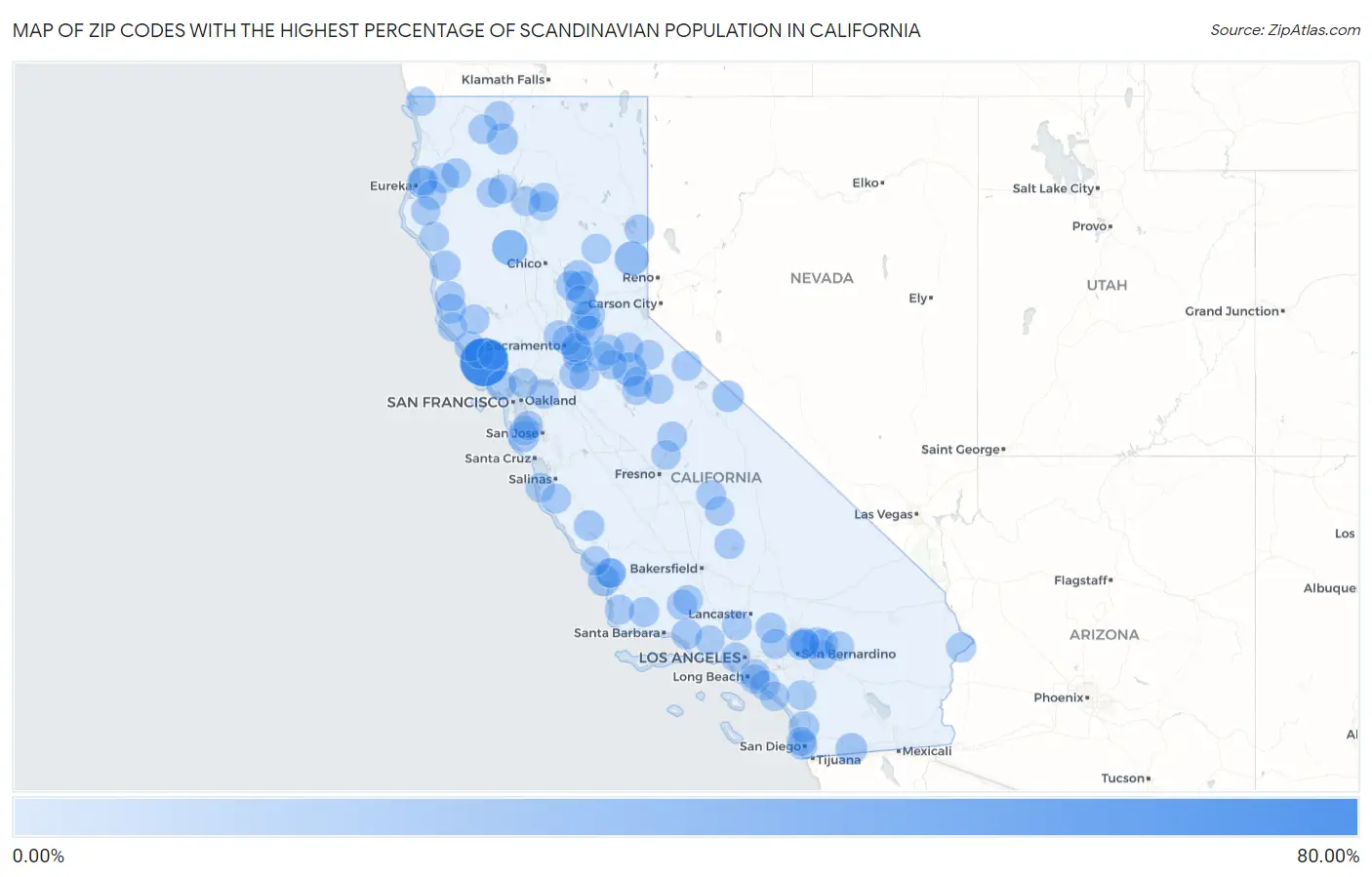 Zip Codes with the Highest Percentage of Scandinavian Population in California Map