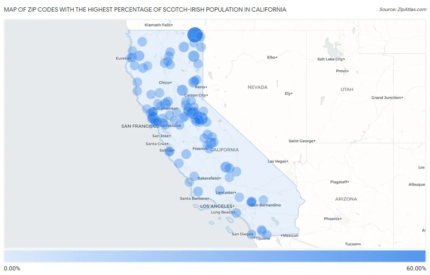 Zip Codes with the Highest Percentage of Scotch-Irish Population in California Map