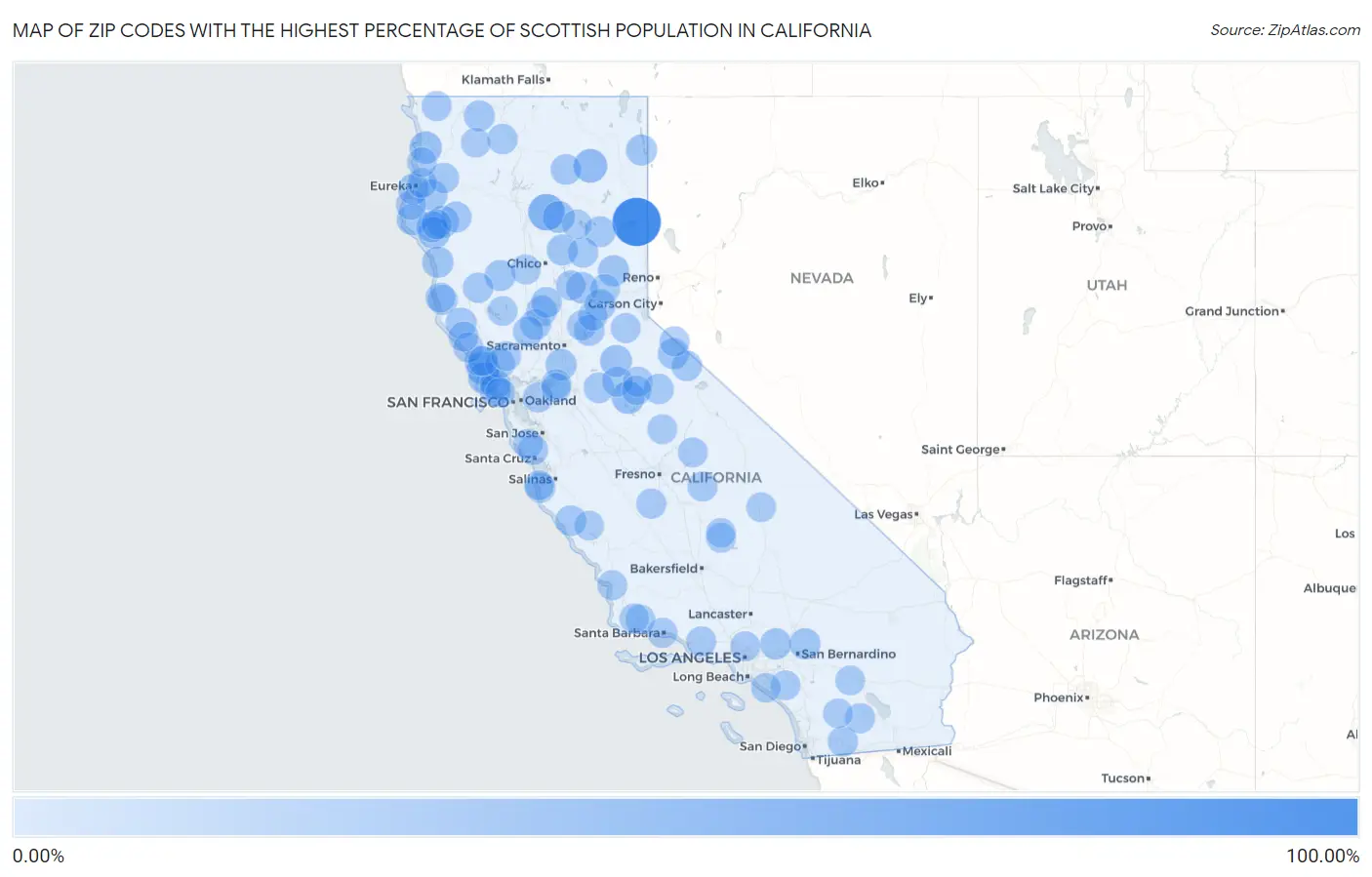 Zip Codes with the Highest Percentage of Scottish Population in California Map