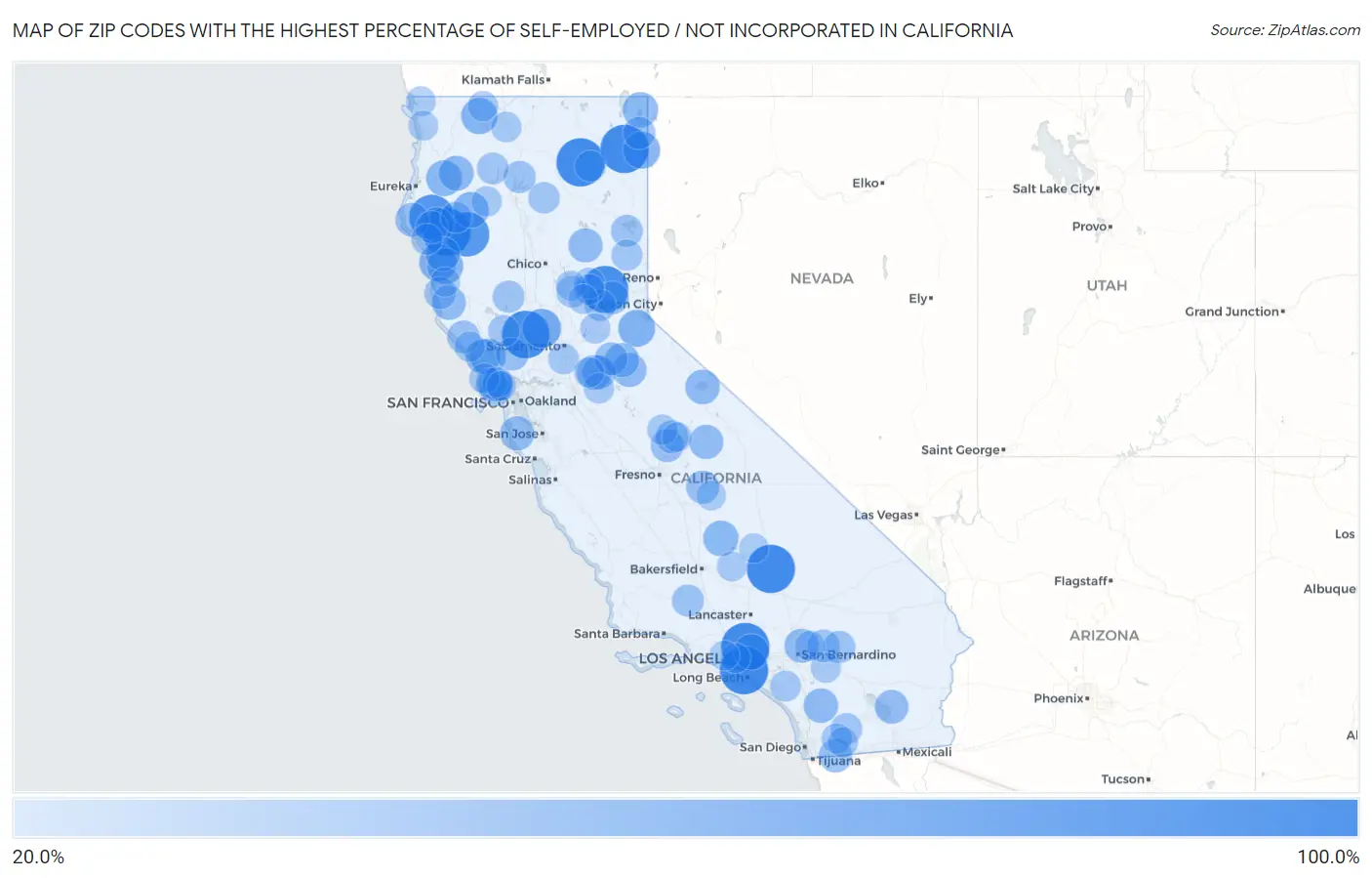Zip Codes with the Highest Percentage of Self-Employed / Not Incorporated in California Map