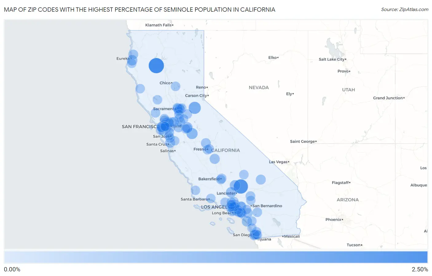 Zip Codes with the Highest Percentage of Seminole Population in California Map