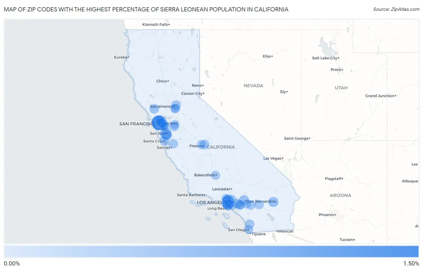 Zip Codes with the Highest Percentage of Sierra Leonean Population in California Map