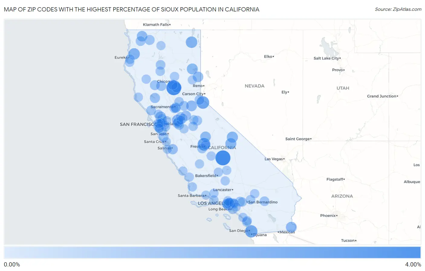 Zip Codes with the Highest Percentage of Sioux Population in California Map
