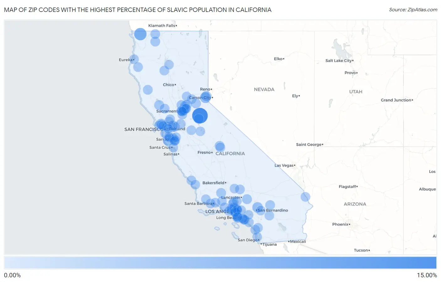 Zip Codes with the Highest Percentage of Slavic Population in California Map