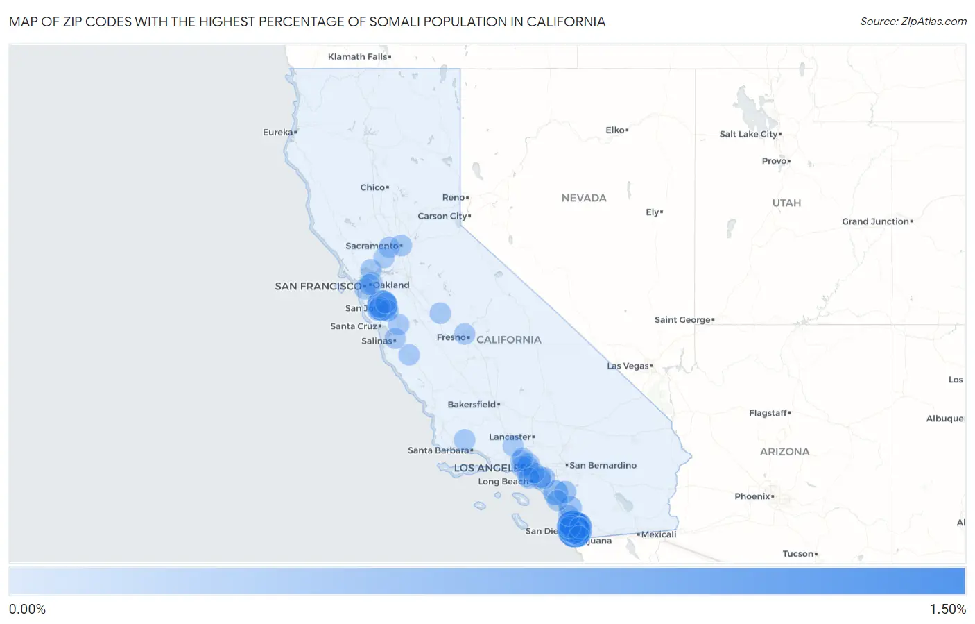 Zip Codes with the Highest Percentage of Somali Population in California Map
