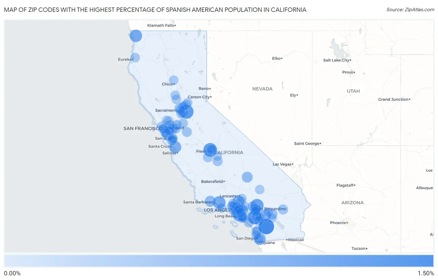 Zip Codes with the Highest Percentage of Spanish American Population in California Map