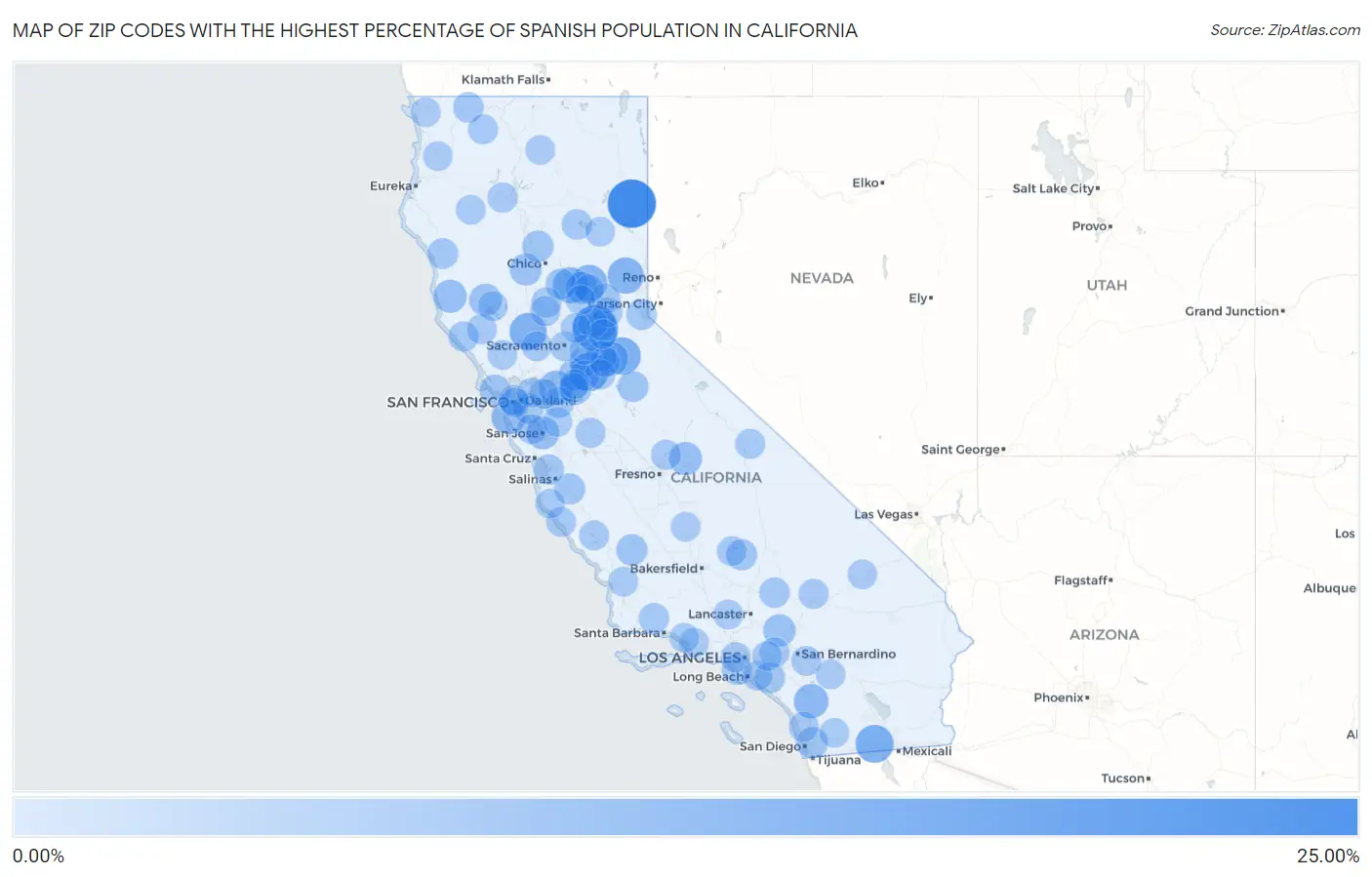 Zip Codes with the Highest Percentage of Spanish Population in California Map