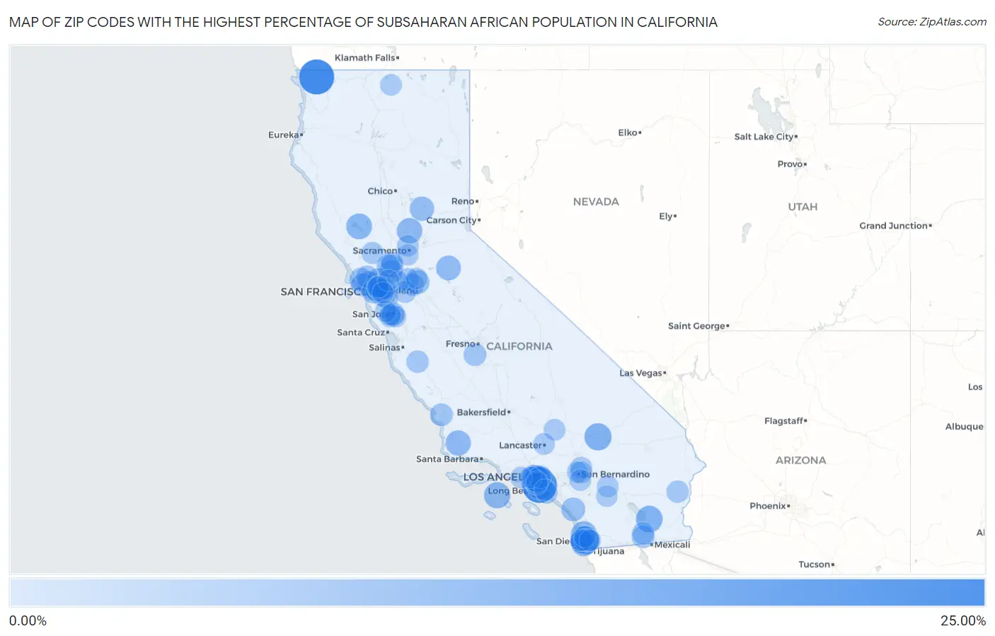 Zip Codes with the Highest Percentage of Subsaharan African Population in California Map