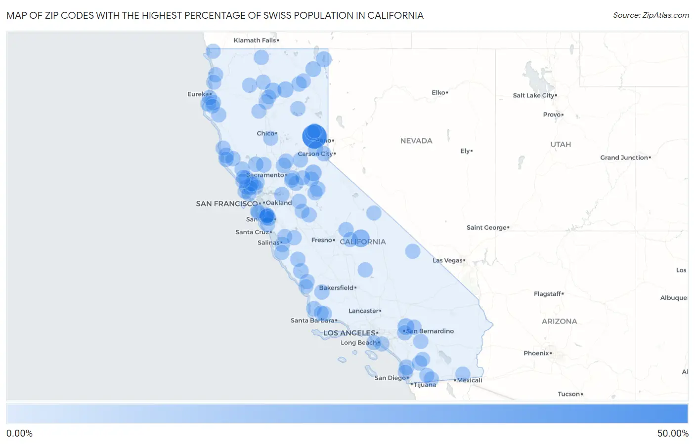 Zip Codes with the Highest Percentage of Swiss Population in California Map