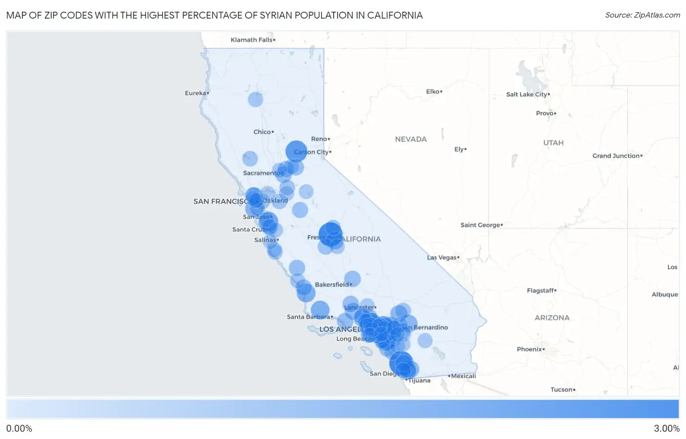 Zip Codes with the Highest Percentage of Syrian Population in California Map